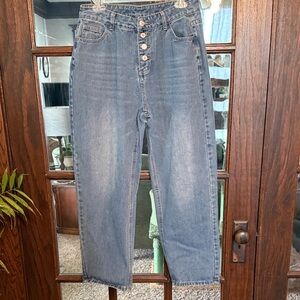 Jeans Women Medium Wash High Waisted Button Fly Straight Leg Denim Pants Size L